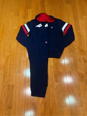 Fila Navy Sweatshirt & Joggers Set with Red Hood and White/Red Sleeve Stripes